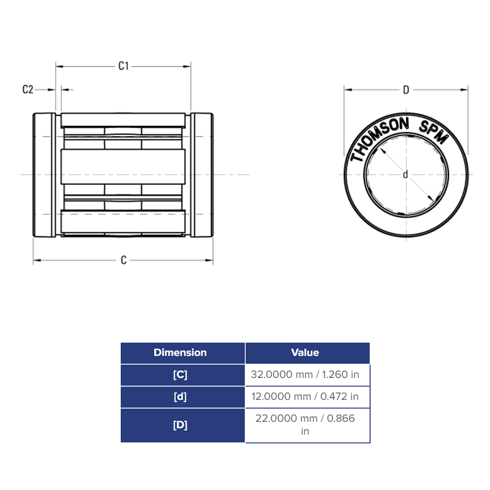 SPM12 THOMSON BALL BUSHING SPM SERIES 12MM CLOSED LINEAR BEARING SELF ALIGNING 186.59 LBF